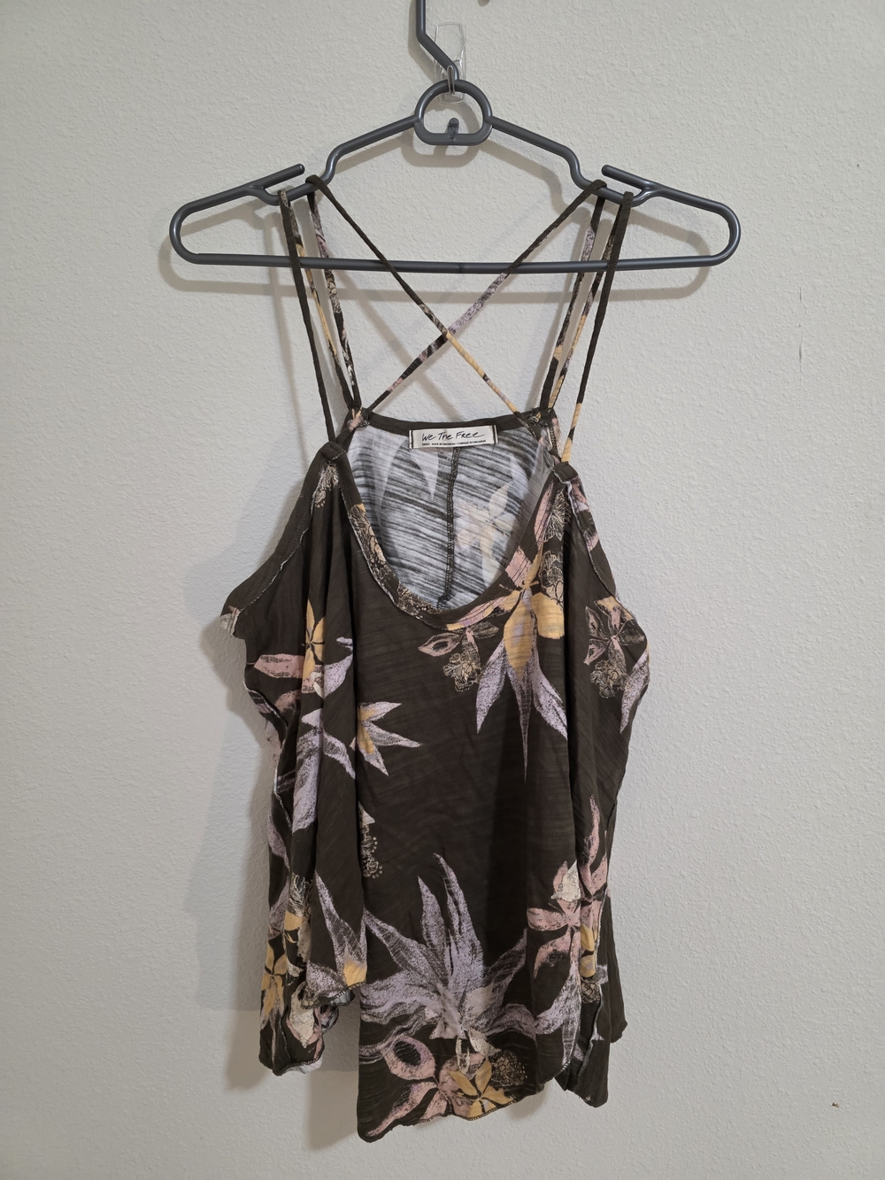 We The Free Floral Crisscross Strap Tank in Brown with Pink & Yellow